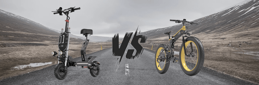 Electric scooter and yellow electric bike side view on open road in mountain landscape