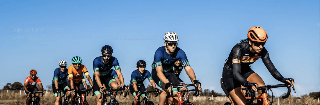 Cyclists wearing helmets ride electric bikes outdoors under clear blue sky, Pogo Cycles.