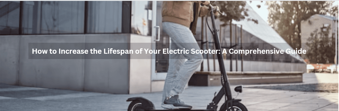 Electric scooter side view outdoors with rider on city pavement
