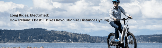 Electric bike side view with rider cycling outdoors by a lake and mountains