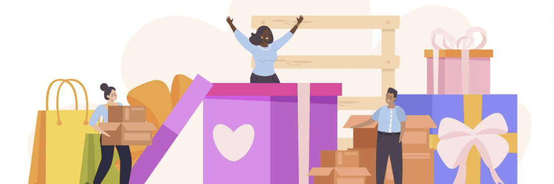 Illustration of people opening large gift boxes and holding shopping bags, representing rewards or loyalty program