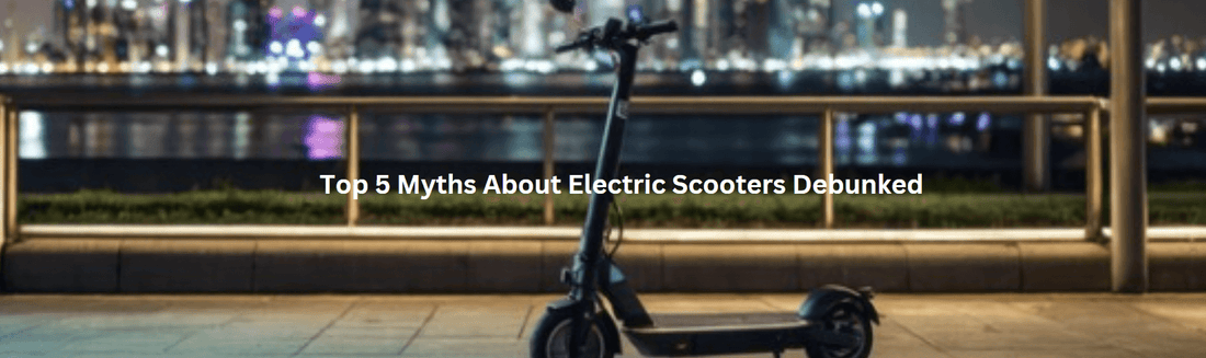 Electric scooter parked on pavement at night, city skyline in background, Pogo Cycles banner