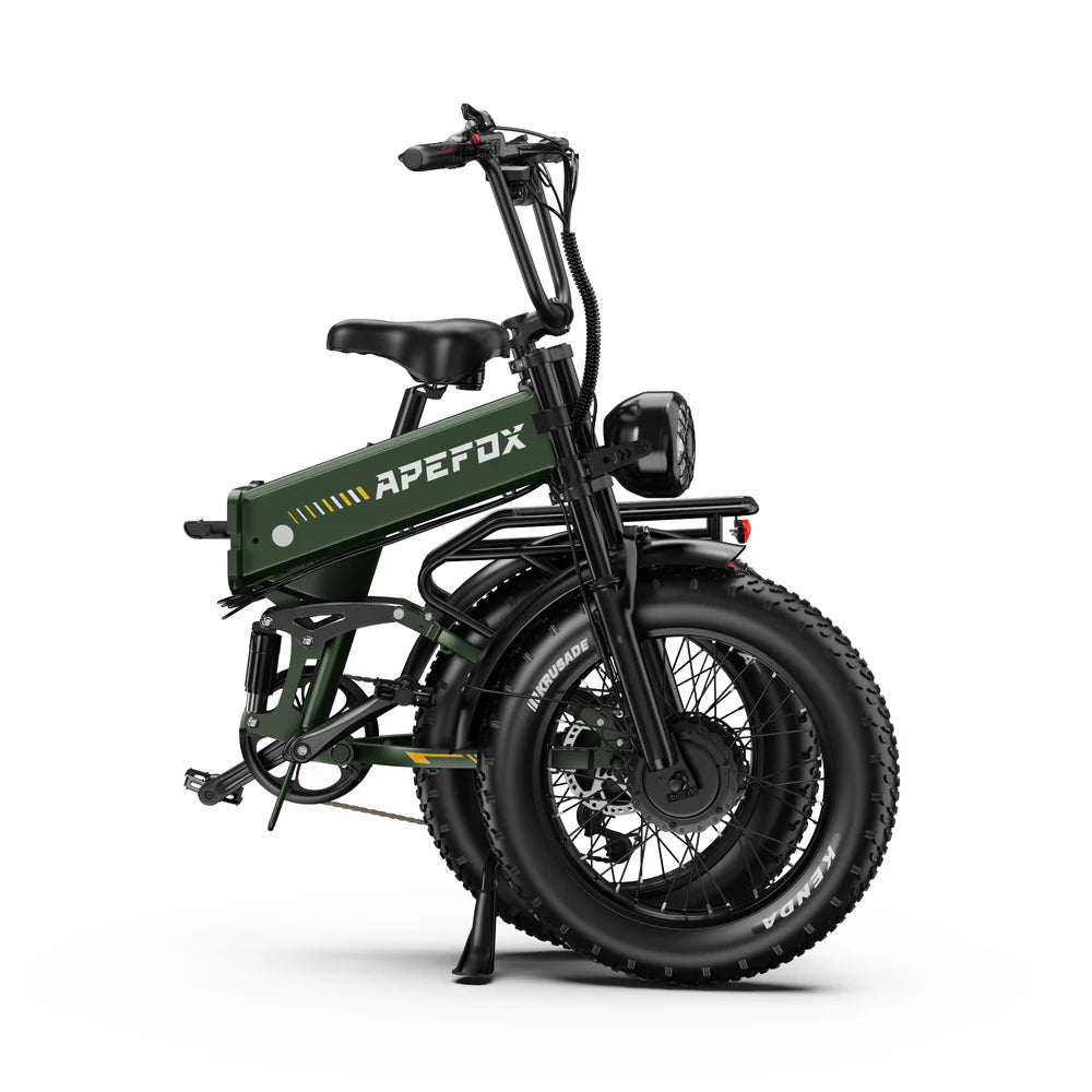 APEFOX RH20 Folding Dual Motor Electric Bike in green with 'APEFOX' branding on a white background