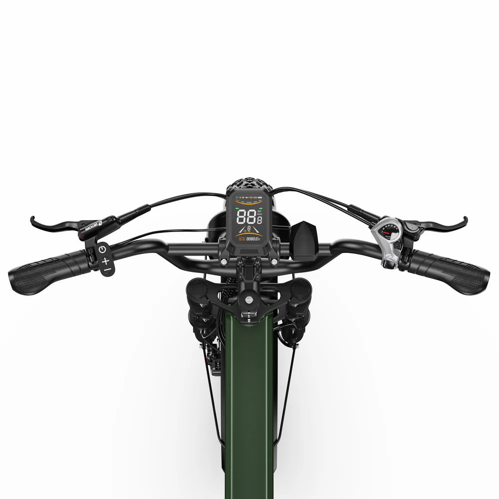 Front view of an APEFOX RH20 Folding Dual Motor Electric Bike showing the handlebars, black digital display, and a dark green frame against a plain white background.
