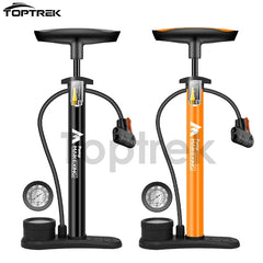 Two Bike Pump bicycle pumps, one black and one orange, with gauges on a white background. Brand 'TopTrek' is visible.