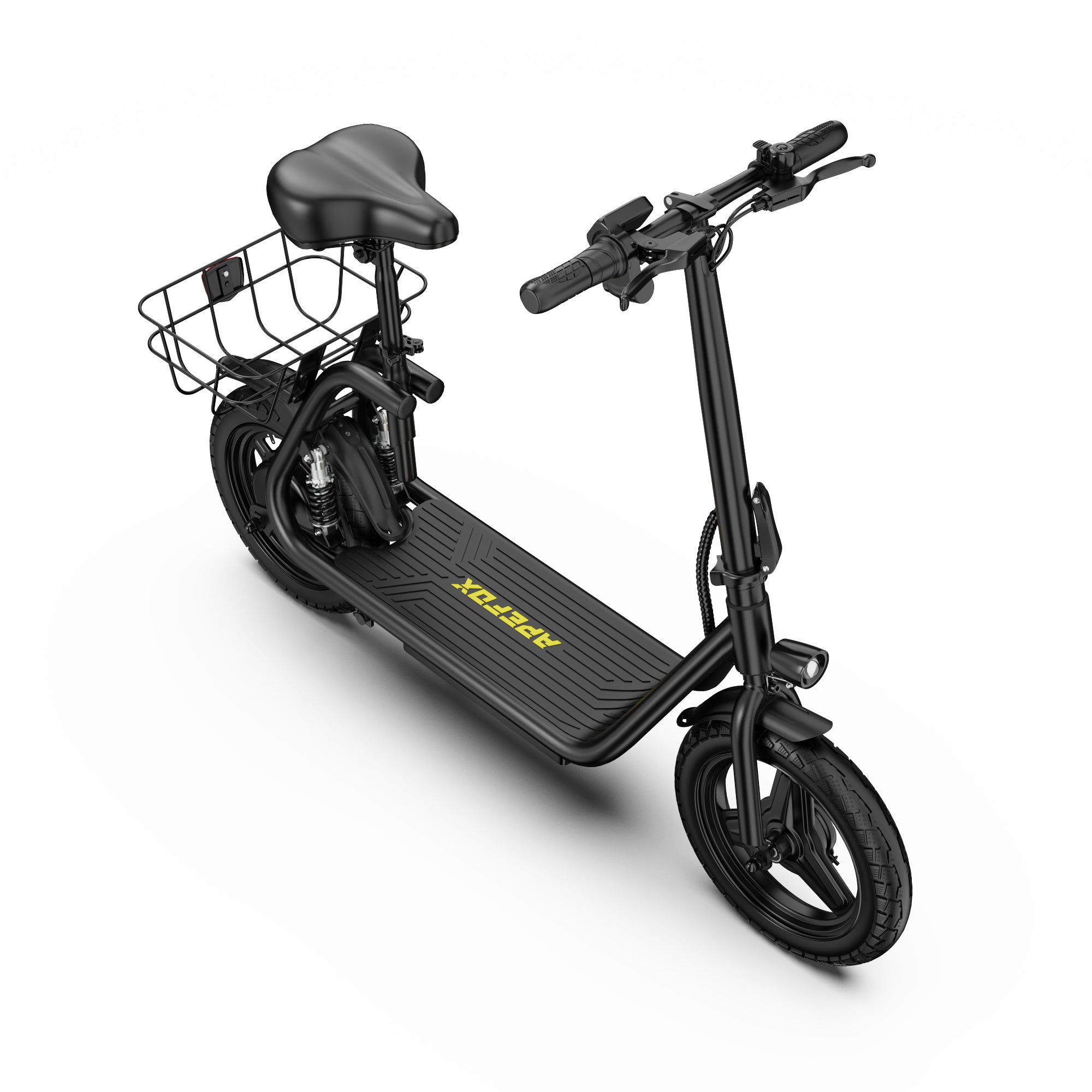 A C14 folding electric bicycle with a front wire basket, black saddle, and black handlebars, featuring a yellow 'APEFOX' logo on the deck, shown on a white background.