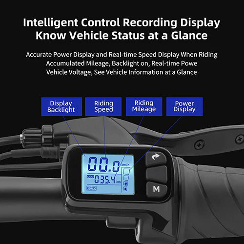 Digital display on a DYU A5 Upgraded Folding Electric motorcycle handlebar with text describing its functions.