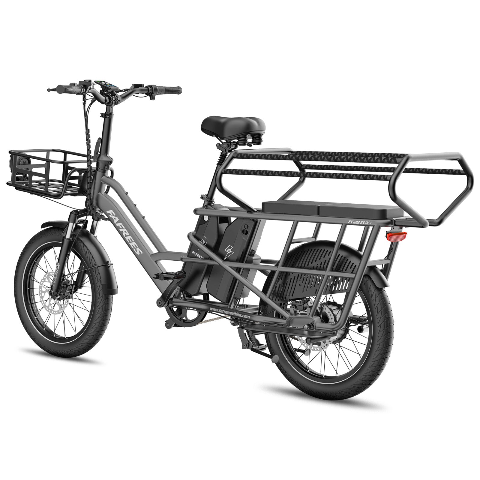 Fafrees FF20 CUV Modular longtail Cargo Bike in black with a basket on a white background