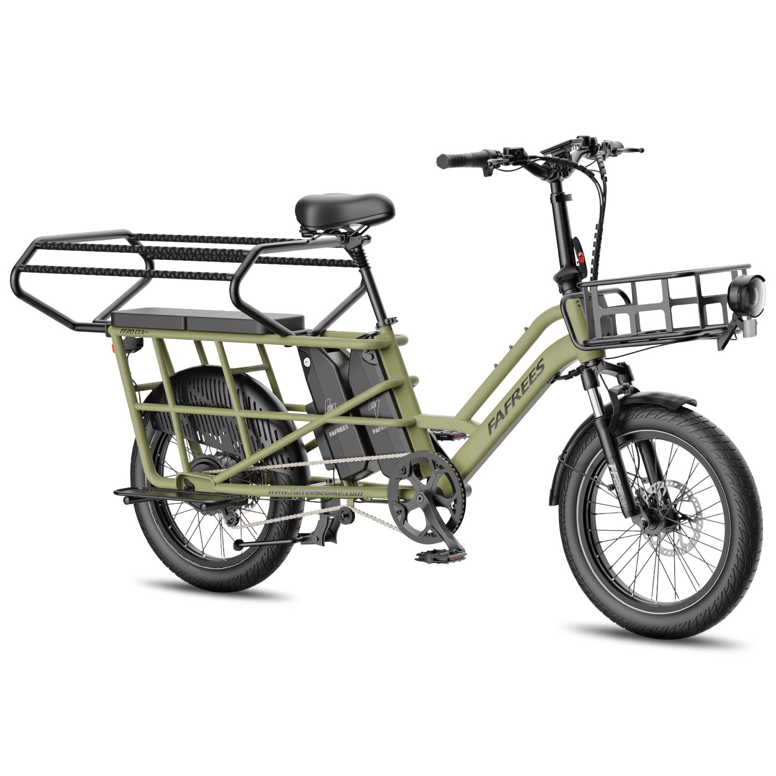 Green cargo bike with a basket on a white background