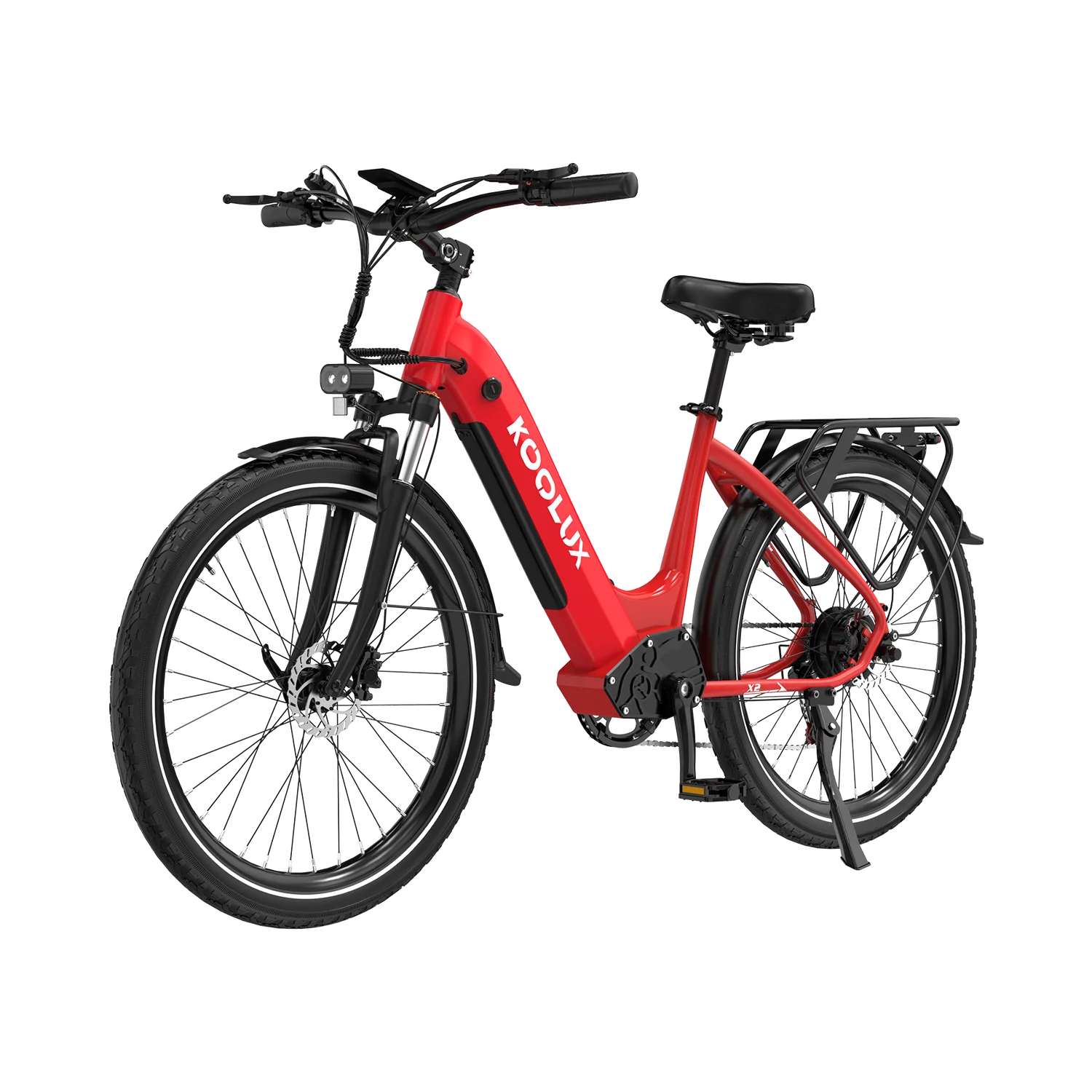 Red KOOLUX X2 Step-Thru Electric Bike with black frame and tires on a white background