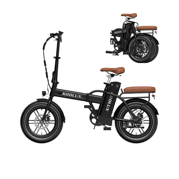 Folded view of KOOLUX X10 electric bike with brown seat and Koolux branding on a white background