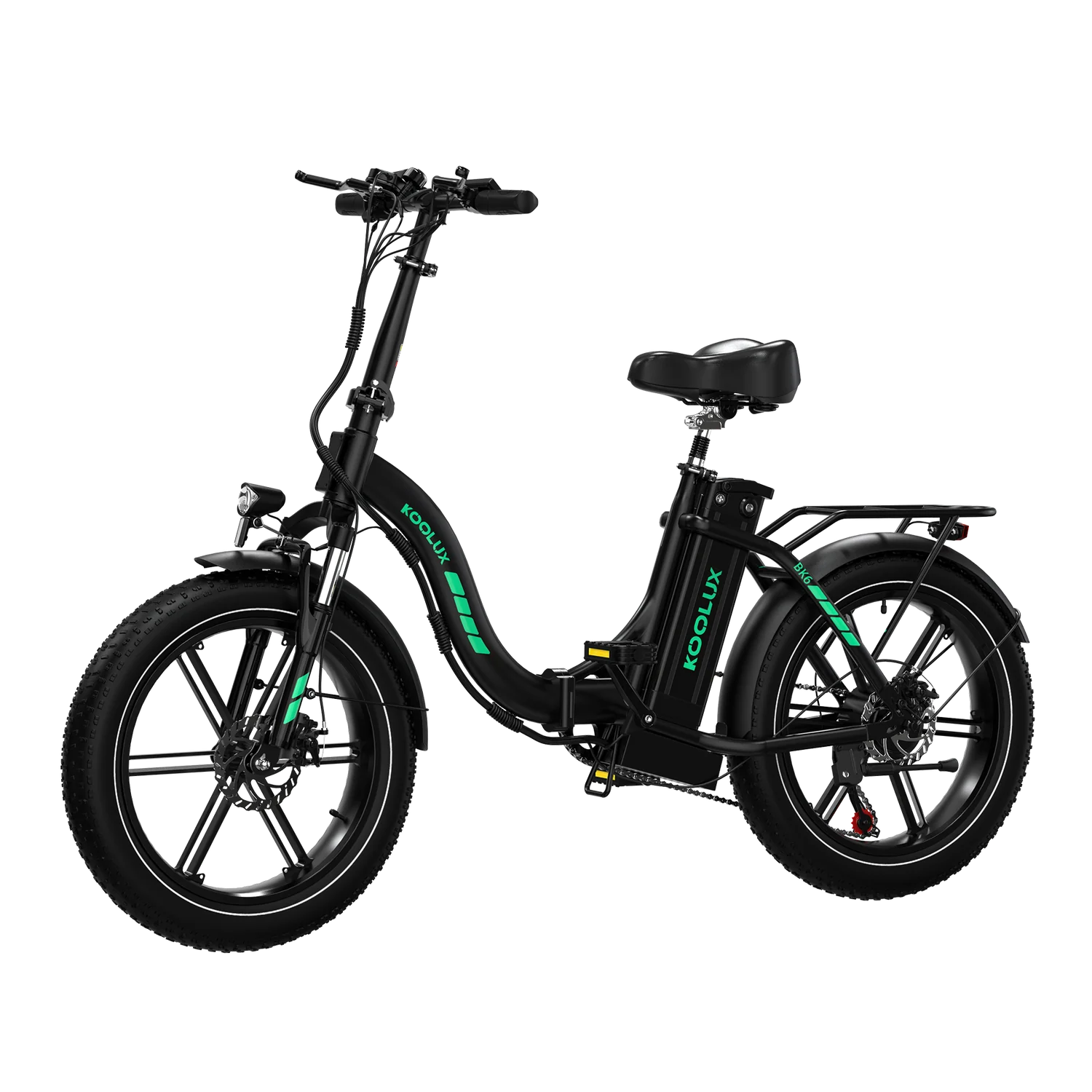 Black KOOLUX BK6S 4.0 Folding Electric Bicycle with green branding on a white background