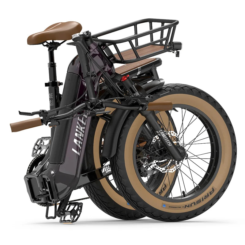 A folded LANKELEISI GOLF-X electric bicycle with a dark purple frame, brown saddle and handlebar grips, and tan sidewall tires, shown on a clean white background.