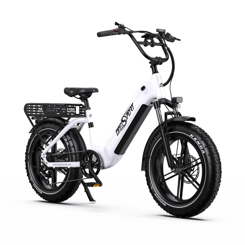Onesport OT08 electric bike in  white with black accents on a white background