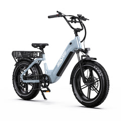 Light blue Onesport OT08  electric bike with black details on a white background
