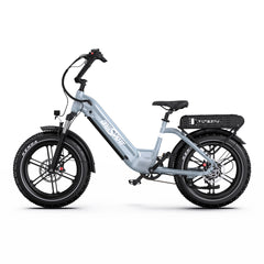 A step-through Onesport OT08  electric bicycle with fat tires, a light blue-gray frame, black components, and a rear cargo rack, shown in a side profile on a white background.