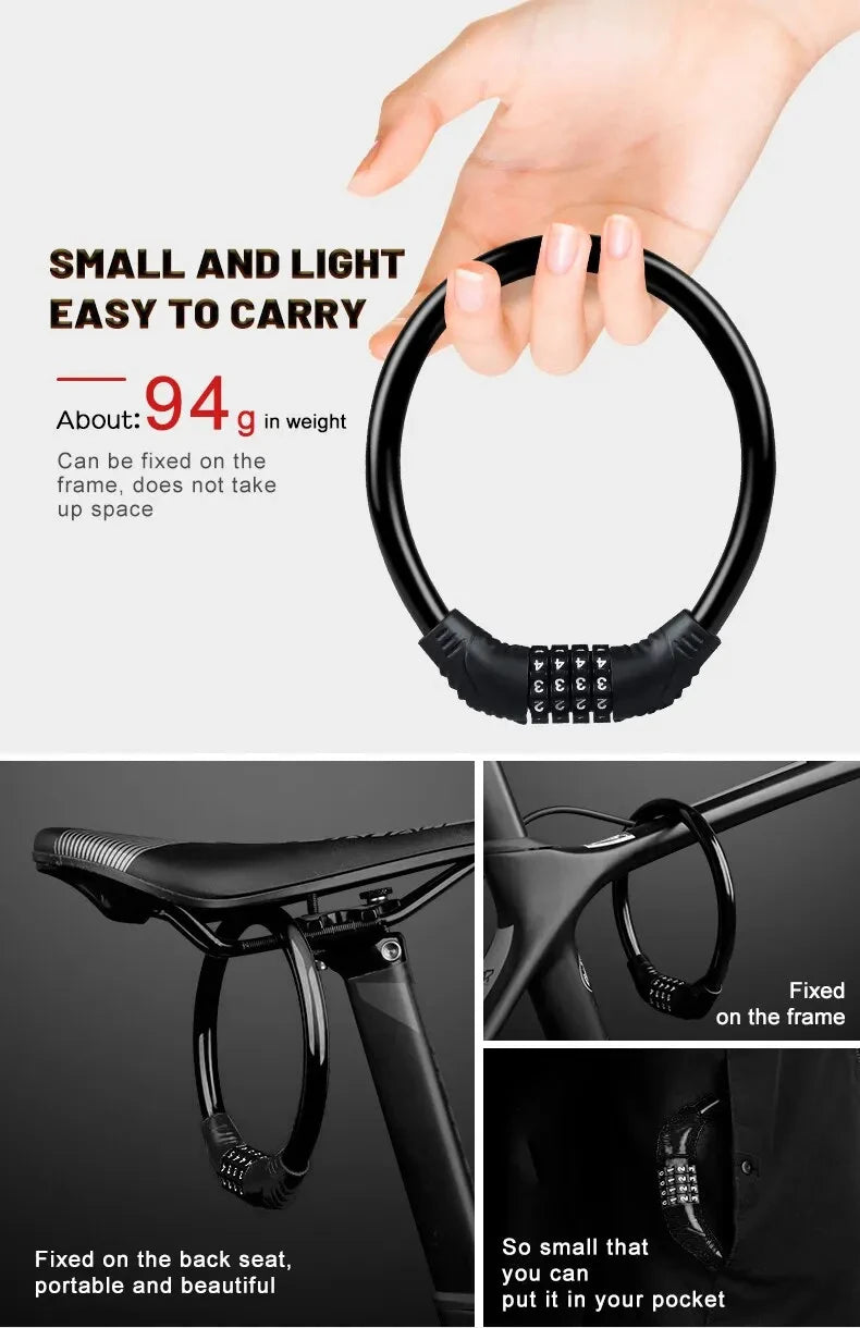 Bike Lock Mountain Bike Portable Security 4-digit Code Bike Lock for Bicycle Motorcycle Scooter
