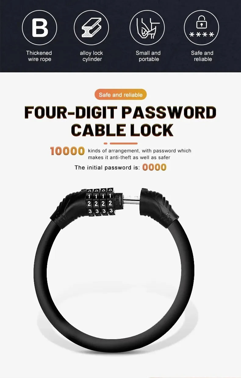 Bike Lock Mountain Bike Portable Security 4-digit Code Bike Lock for Bicycle Motorcycle Scooter