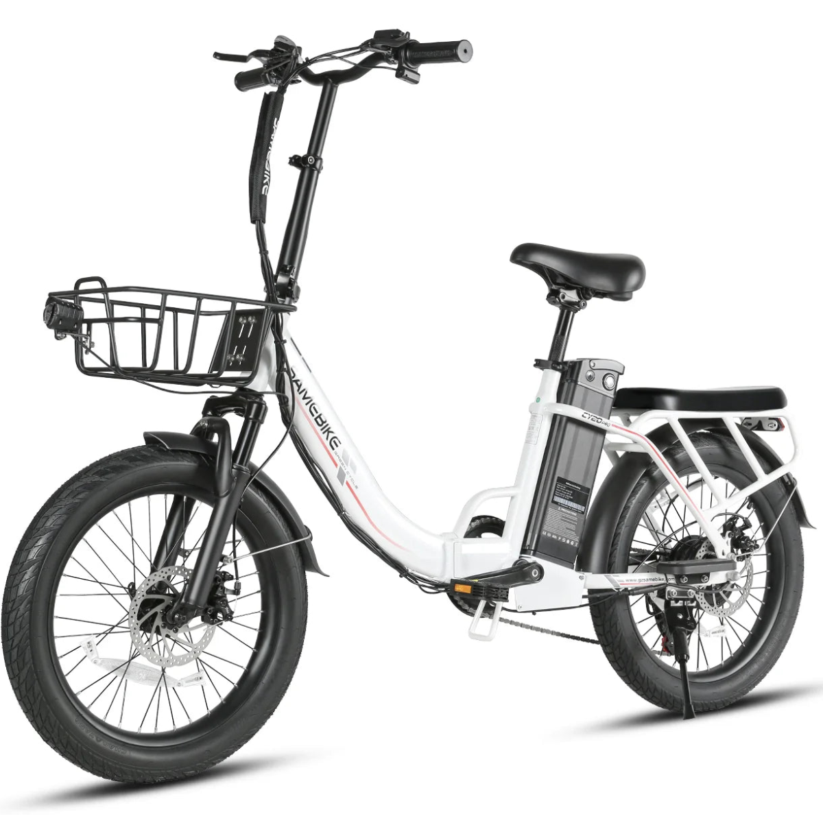 Right side of SAMEBIKE CY20 Pro Electric Bike in white with a basket on a white background
