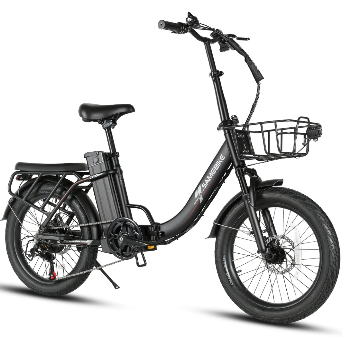 SAMEBIKE CY20 Pro Electric Bicycle in black with a basket on a white background