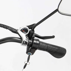 Close-up of a YVY C20 Max Electric motorcycle handlebar with Shimano controls and mirror on a white background
