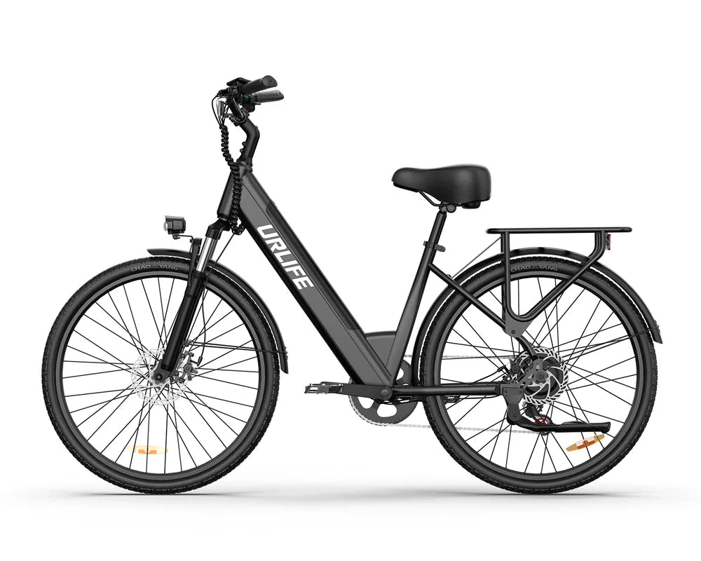Black URLIFE E26 Step-Through Electric bicycle with 'UrLIFE' branding on a white background