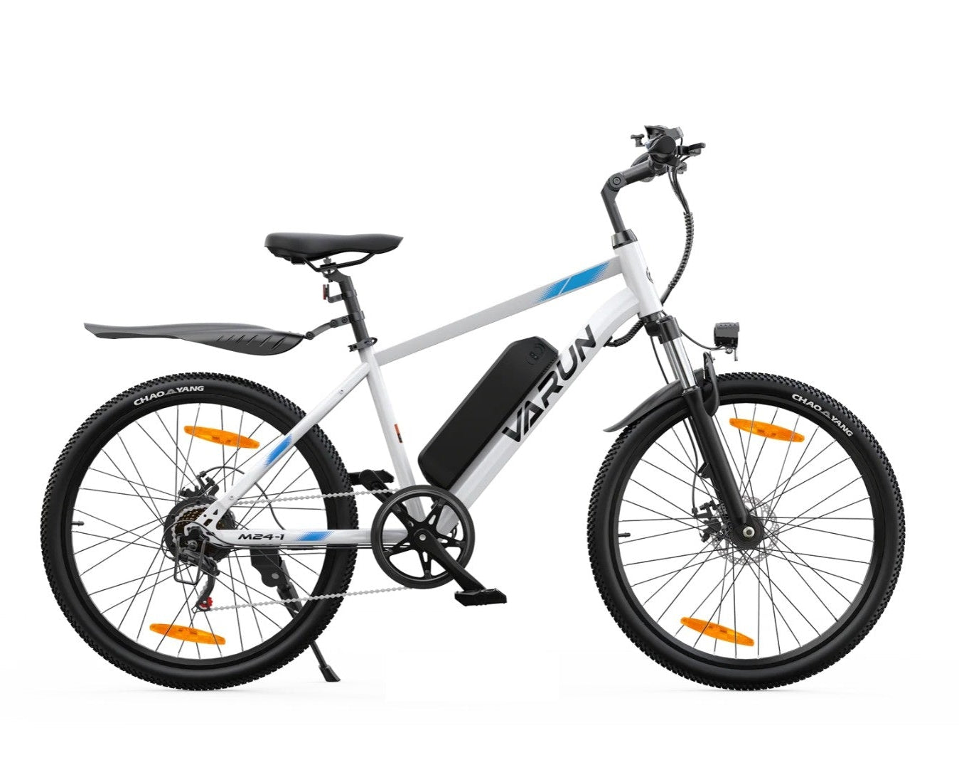 VARUN M24-1 Electric Bike in white with black seat and visible brand name on a white background