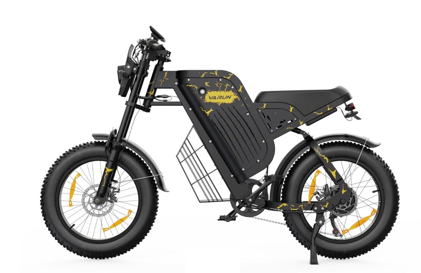 VARUN X-Plorer Raptor Electric Bike in black with yellow accents on a white background - Pogo Cycles, Ireland