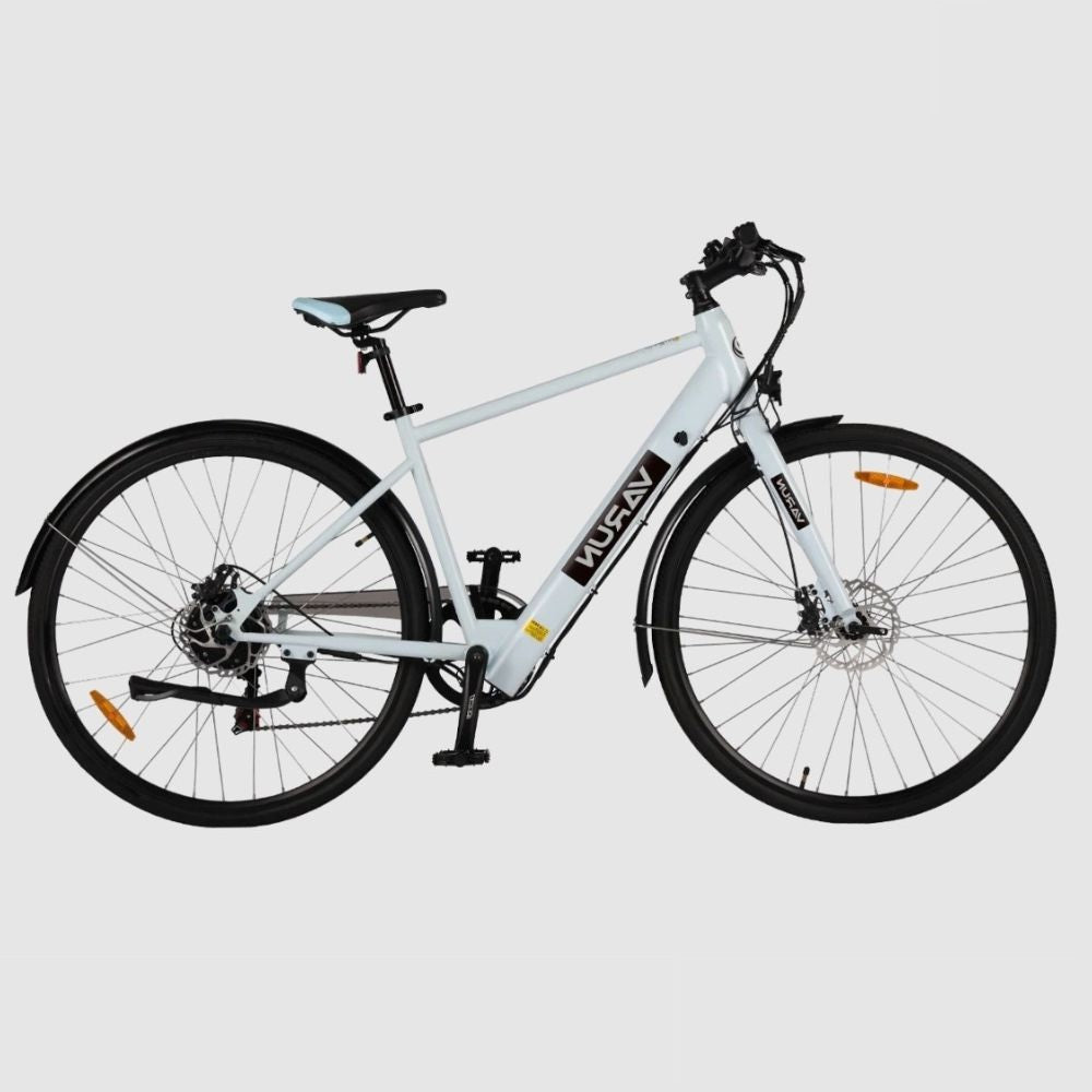 White VARUN C7007 Premium Commuter Electric bicycle on a light gray background