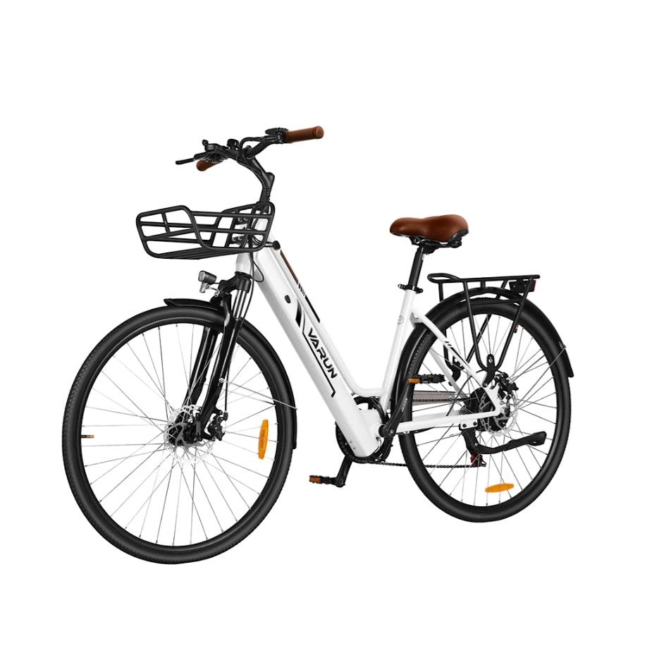 White VARUN C7008 Urban Electric bicycle with black components on a white background