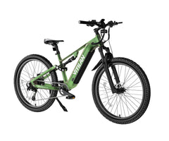 A green and black Vitilan M5 electric mountain bike with knobby tires, a front suspension fork, and a black battery pack mounted on the frame, shown against a solid white background.