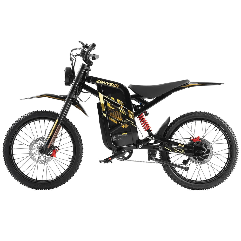 Black Zonveer ZX3 Electric Dirt Bike with yellow accents on a white background