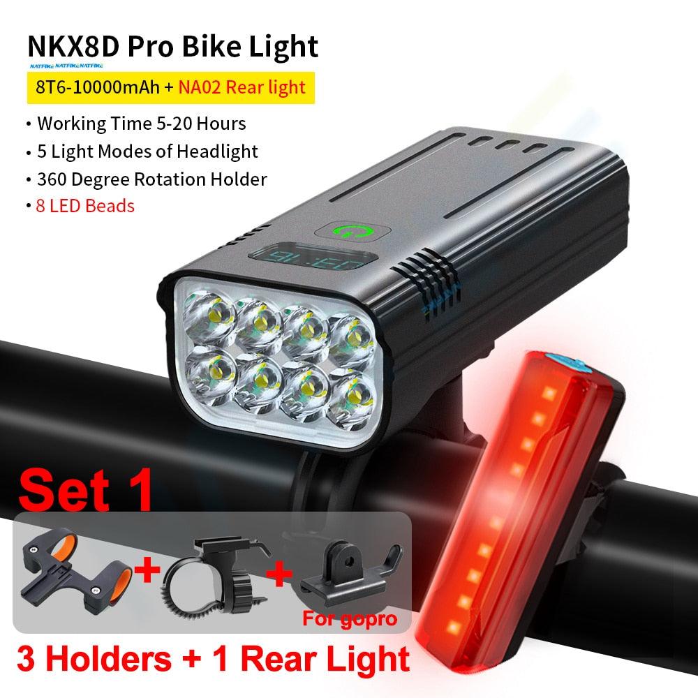 NATFIRE 10000mAh Bicycle Light Digital Battery Indicator USB Rechargeable Bike Light Set with 3 Holders 7000LM 8 LED Flashlight - Pogo Cycles