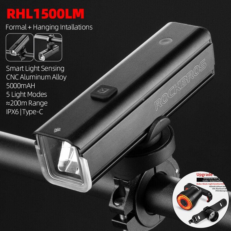 ROCKBROS Bike Front Light 1500LM 5000mAH Battery Bicycle Light Aluminum Smart Sense LED Lamp Flashlight Cycling Headlight - Pogo Cycles