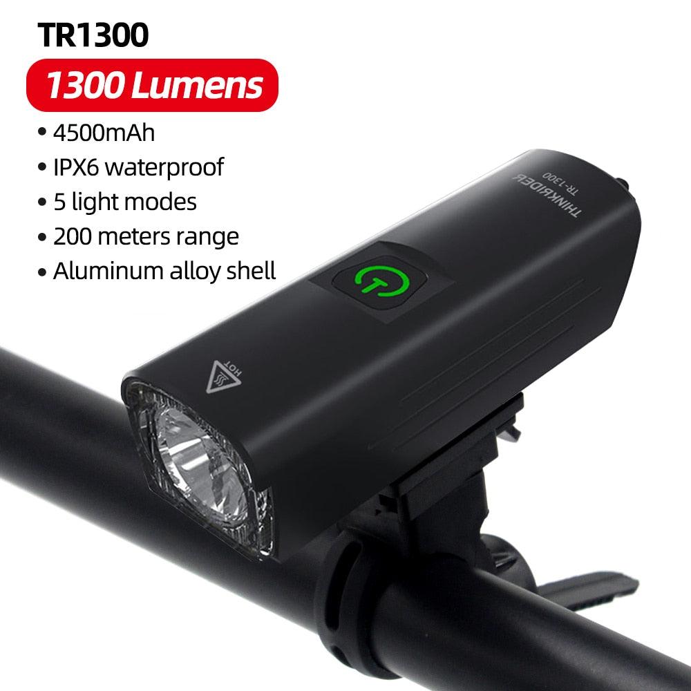 ThinkRider Bike Light 1300Lumen 4500mAh Bicycle Headlight Flashlight Handlebar USB Charging MTB Road Cycling Highligh - Pogo Cycles