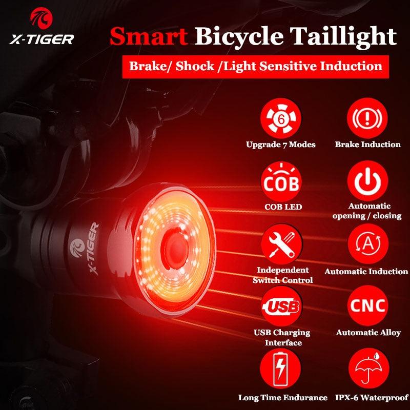 X-Tiger Bike Rear Light IPx6 Waterproof LED Charging Bicycle Smart Auto Brake Sensing Light Accessories Bike Taillight Light - Pogo Cycles